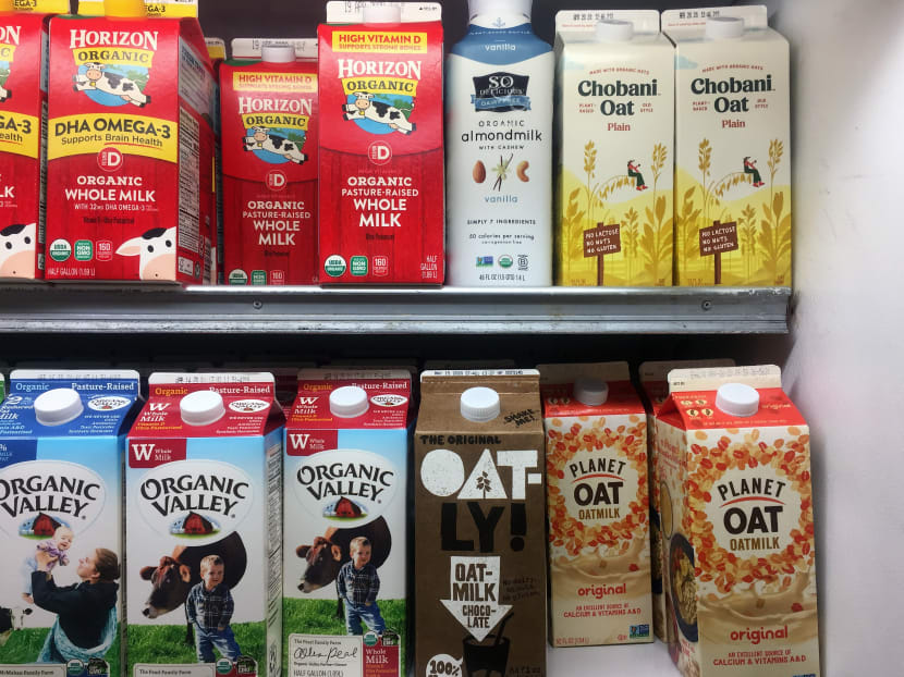 Oat milk cartons are seen on display in a grocery store in Manhattan, New York on March 10, 2020.