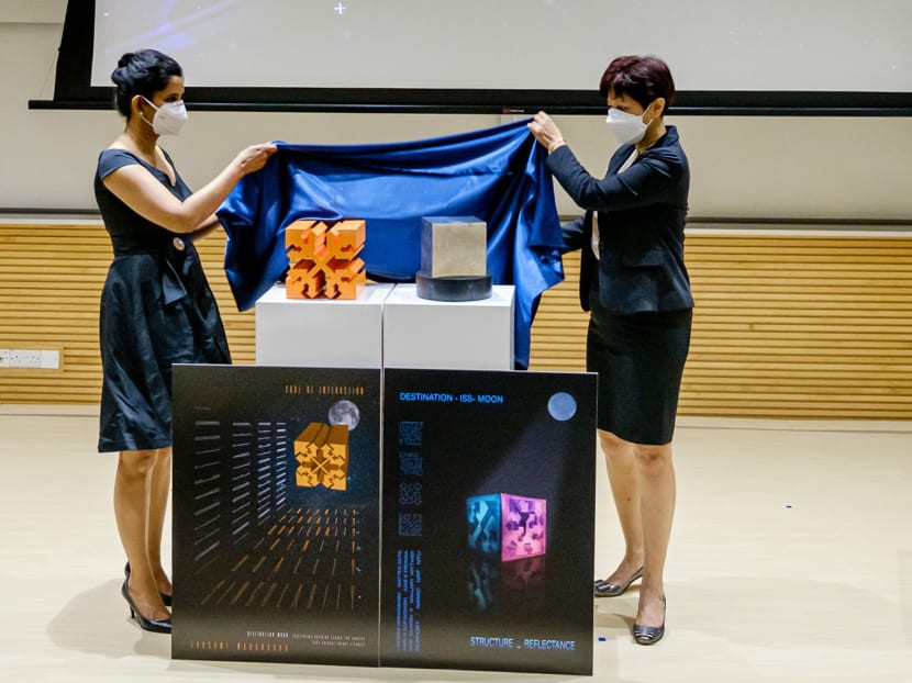 Artist Lakshmi Mohanbabu (left) and Minister in the Prime Minister's Office Indranee Rajah unveiling the large replicas of the two Singapore artworks.