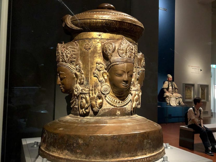 A photograph of a 17th-century Nepali artefact, named Cover Of A Linga, in the Asian Civilisations Museum.