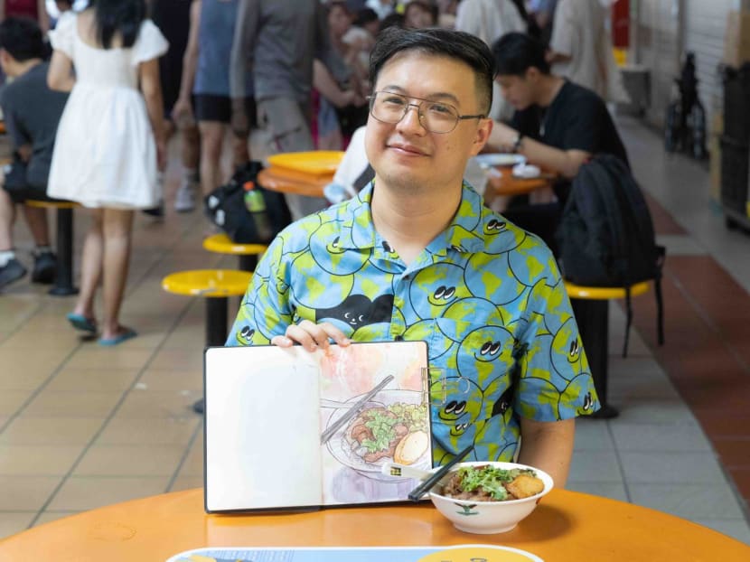 Mr James Lim draws and paints pictures of hawker food and passers-by in his free time. 