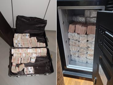 Photos of cash that was seized by the police on Aug 15, 2023. 