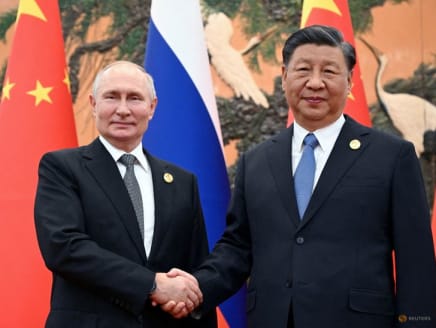 Russian President Vladimir Putin shakes hands with Chinese President Xi Jinping during a meeting at the Belt and Road Forum in Beijing, China, Oct 18, 2023.