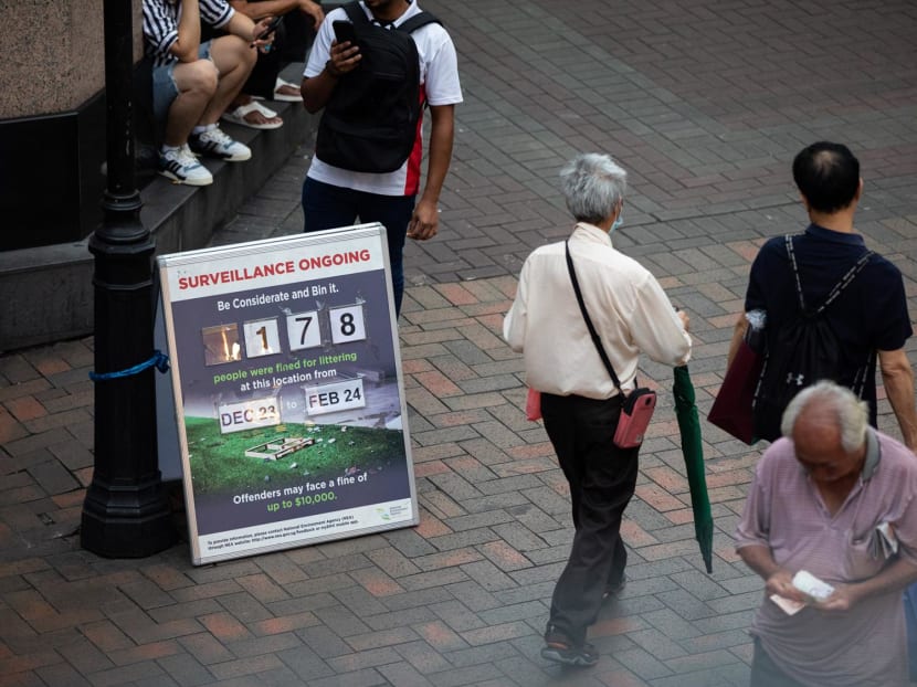 A sign cautioning against littering displayed outside People’s Park Complex, on Mar 6, 2024. 