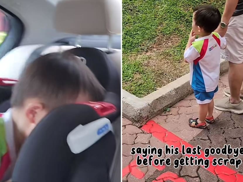 Screengrabs from a TikTok video showing four-year-old Joshua in tears over losing his family's car.