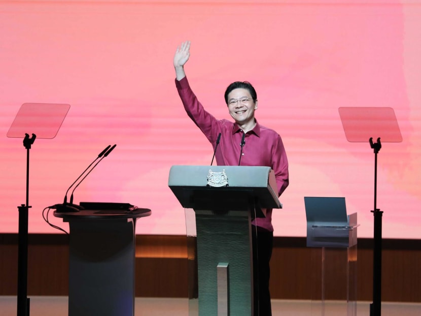 Prime Minister Lawrence Wong at the National Day Rally held at the Institute of Technical Education's headquarters in Ang Mo Kio on Aug 18, 2024. 