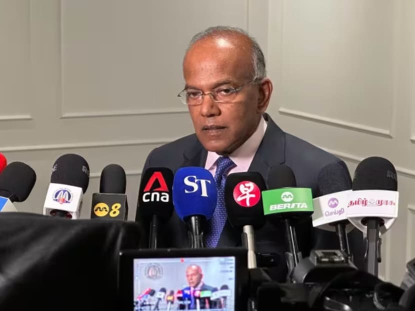 Law and Home Affairs Minister K Shanmugam speaking to reporters at the Ministry of Home Affairs headquarters on Aug 21, 2024.