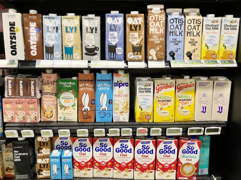 Cartons of oat milk on a supermarket shelf in Singapore.