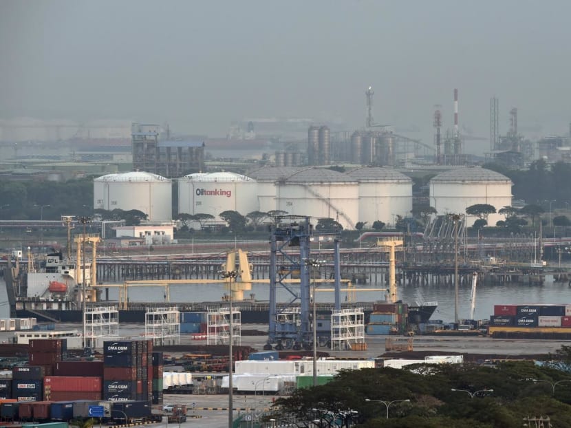 Oil storage tanks on Jurong island off Singapore.