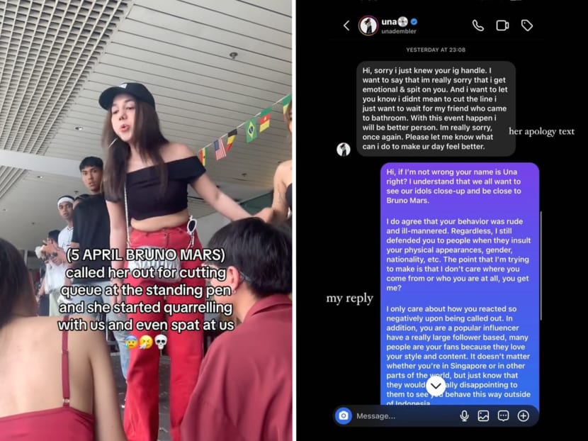 An Indonesian social media influencer (left) has apologised in an Instagram message (right) for spitting on a fellow Bruno Mars concertgoer in a queue at the National Stadium on April 5, 2024.