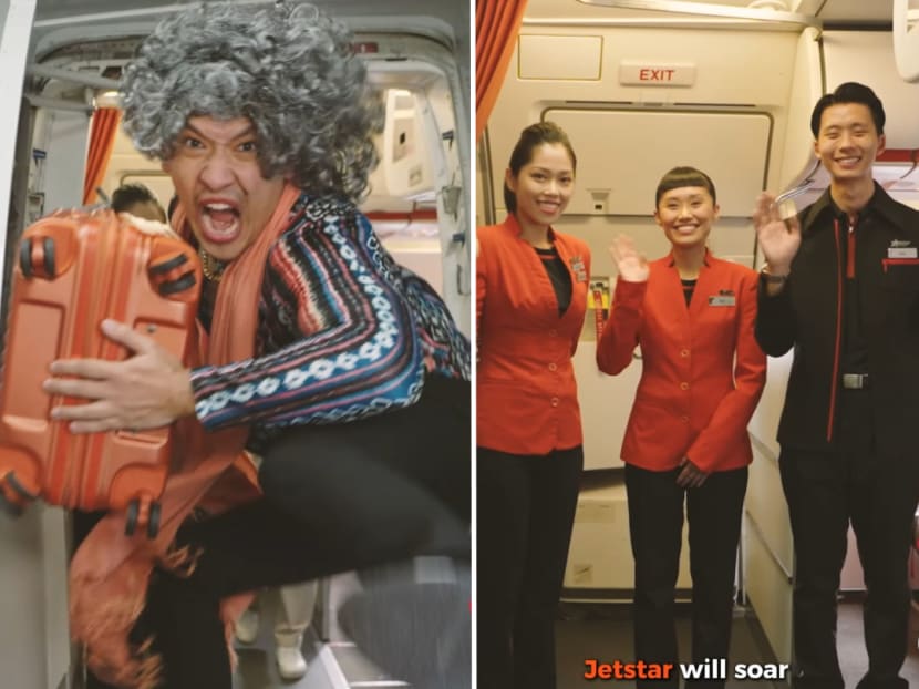 (Left) Mr Scott Van Der Ven wrote and stars in a music video for the song Soar for Singapore, which celebrates Jetstar Asia's 20th anniversary. (Right) A scene from the music video that was released on the budget airline's social media channels.