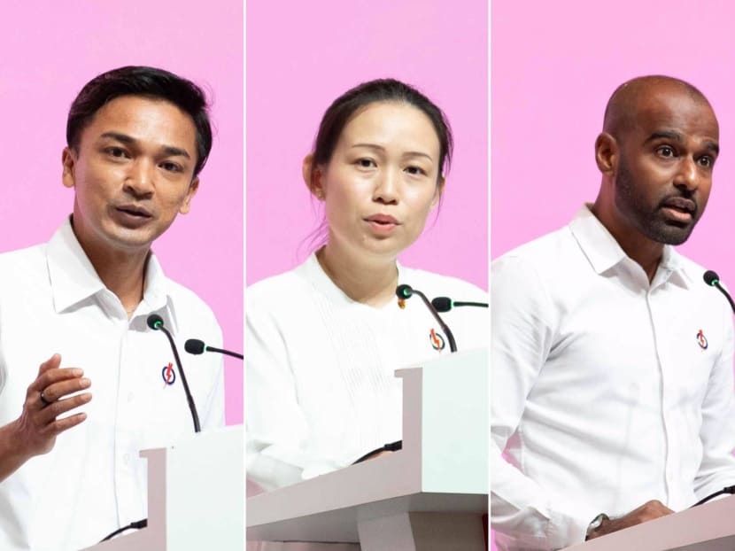 From left: Associate Professor Elmie Nekmat, Ms Chua Wei-Shan and Dr Hamid Razak speaking at the People's Action Party Awards and Convention on Nov 5, 2023.