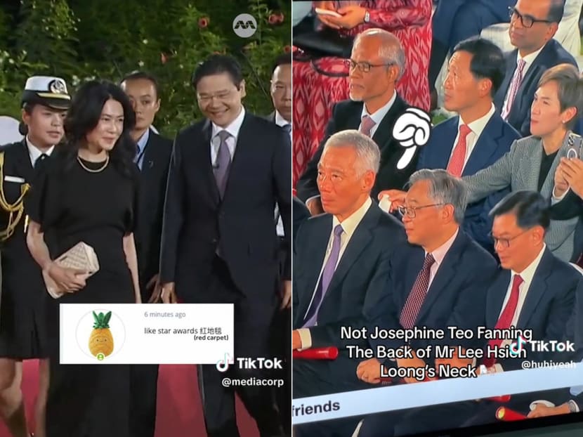 Mr Lawrence Wong (right, in left-hand photo) and his wife Loo Tze Lui at the ceremony at the Istana for Mr Wong's swearing-in as prime minister. The right-hand photo shows Ms Josephine Teo fanning the neck of Mr Lee Hsien Loong, the outgoing prime minister.