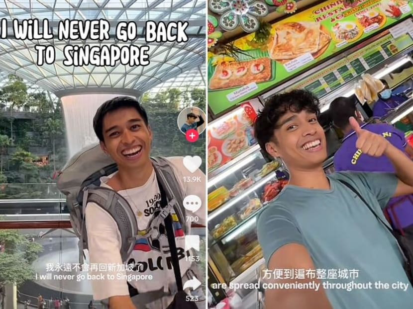 Screengrabs from a TikTok video where Andre Carrillo (pictured) used sarcasm to make various statements that are actually the opposite of how he feels about Singapore.