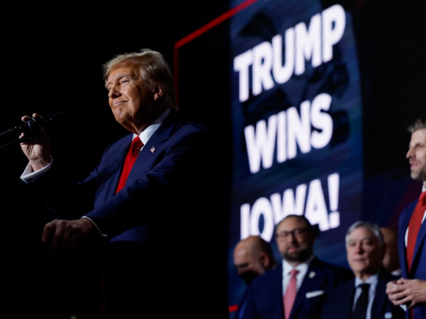 Republican presidential candidate and former United States president Donald Trump speaks during his Iowa caucus night watch party in Des Moines, Iowa on Jan 15, 2024. 