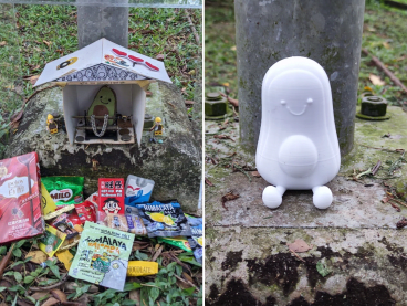 An avocado keychain (left) doubling as a Bell Curve God. A 3D-printed version (right) surfaced after the first shrine was cleared by the National University of Singapore.